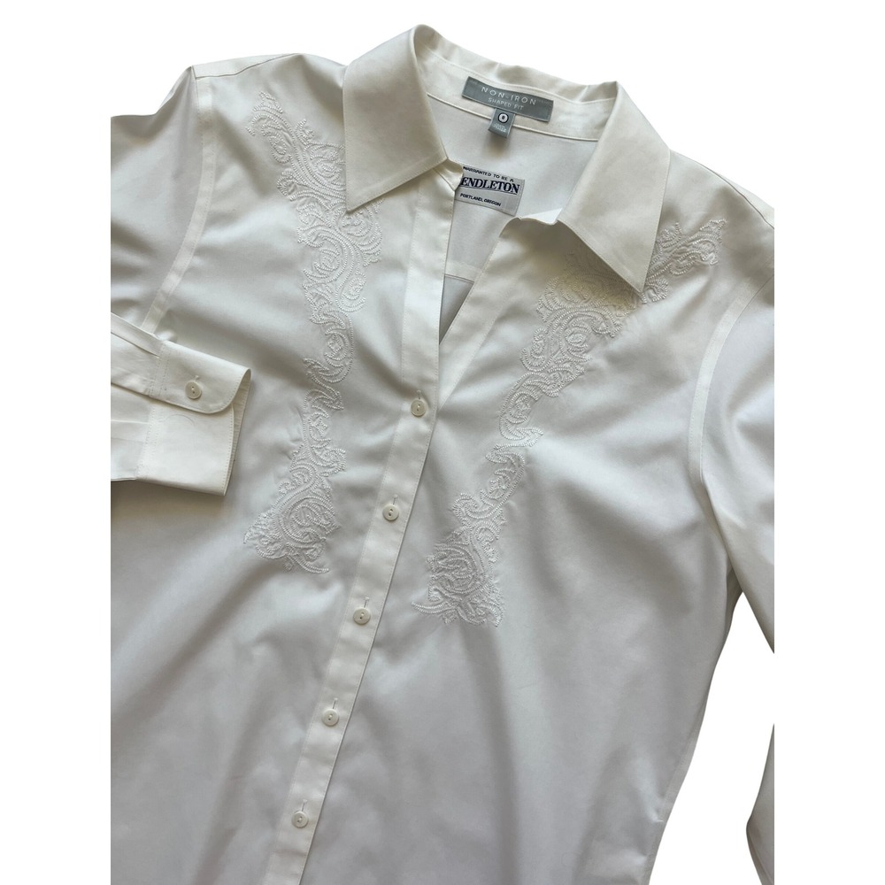 Pendleton Womens White Non-Iron Cotton Embroidered Button Down Shirt Size 8
